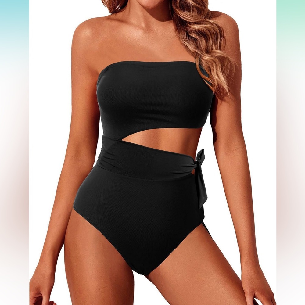 NWT Yonique Strapless Bandeau Cutout Side Tie One Piece